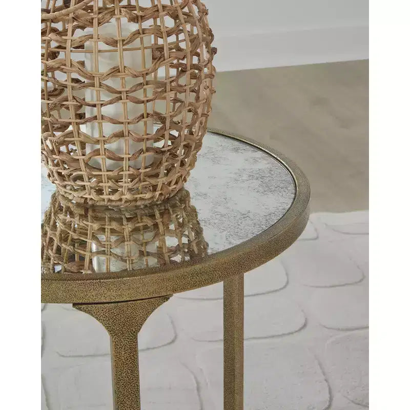 Tavolino rotondo, struttura in acciaio color oro antico, piano in vetro effetto marmo, 50,8 cm diam. x 57,15 cm H