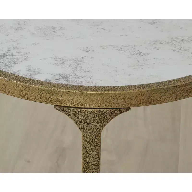 Tavolino rotondo, struttura in acciaio color oro antico, piano in vetro effetto marmo, 50,8 cm diam. x 57,15 cm H