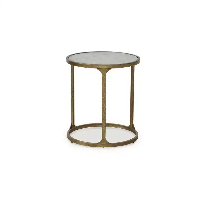 Tavolino rotondo, struttura in acciaio color oro antico, piano in vetro effetto marmo, 50,8 cm diam. x 57,15 cm H
