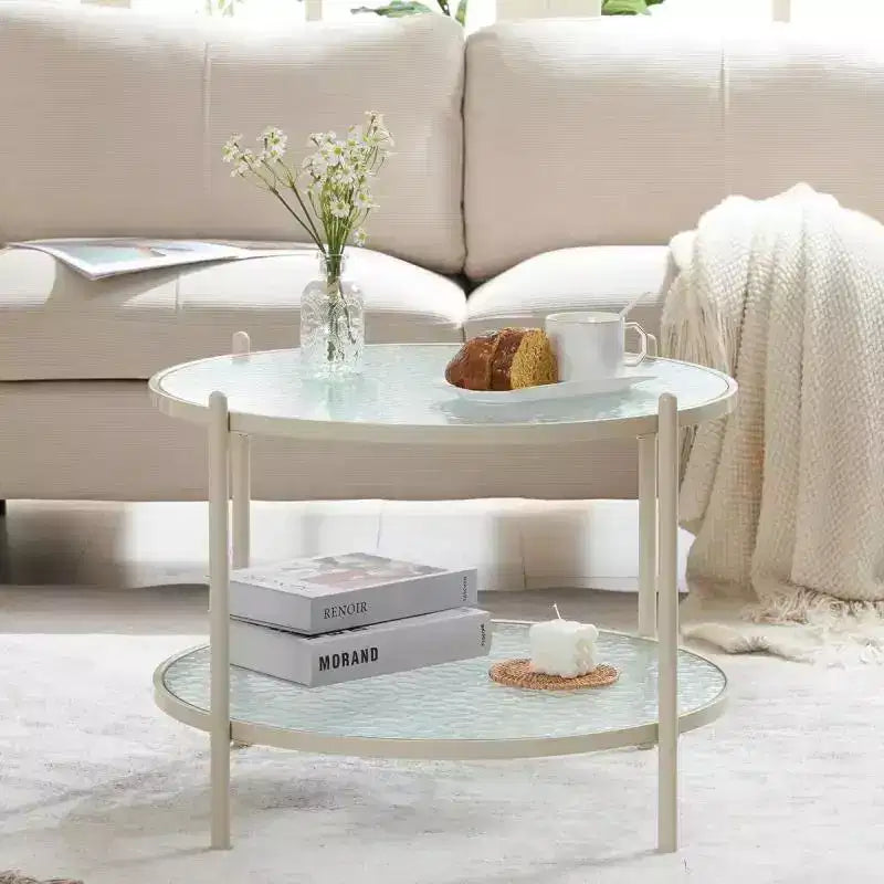 Tavolino da caffè rotondo con piano in vetro effetto onda, 2 ripiani, struttura in metallo, 65 cm diam. x 48 cm h