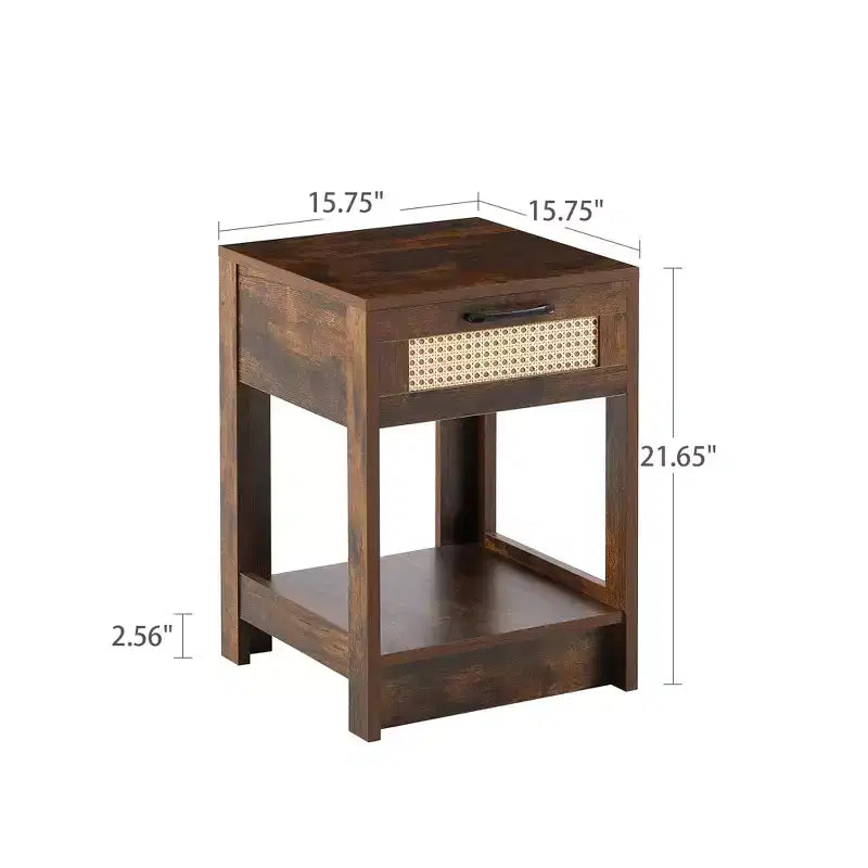 Comodino in rattan con cassetto e ripiano aperto, struttura in legno massello, comodino in stile rustico, marrone rustico