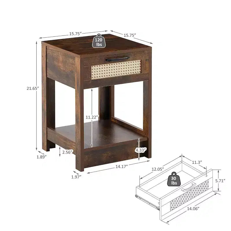 Comodino in rattan con cassetto e ripiano aperto, struttura in legno massello, comodino in stile rustico, marrone rustico