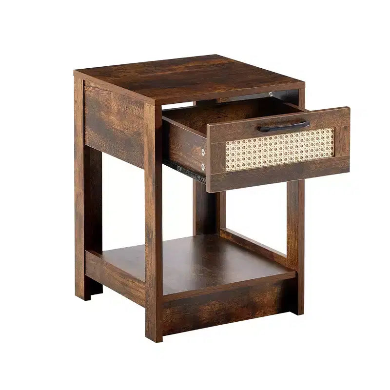 Comodino in rattan con cassetto e ripiano aperto, struttura in legno massello, comodino in stile rustico, marrone rustico