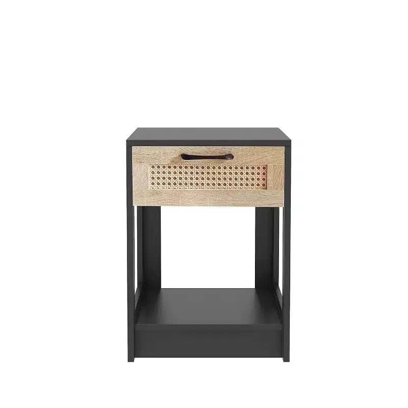 Comodino in rattan con cassetto e ripiano aperto, struttura in legno massello, comodino in stile rustico, marrone rustico