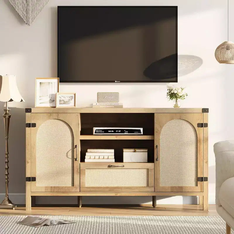 59 Mobile Buffet Credenza in Rattan con Cassetto, Mobile Bar Coloniale per Soggiorno e Cucina