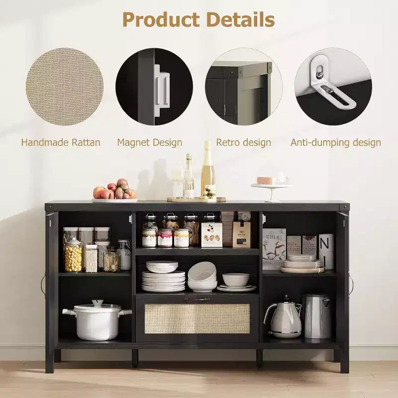 59 Mobile Buffet Credenza in Rattan con Cassetto, Mobile Bar Coloniale per Soggiorno e Cucina