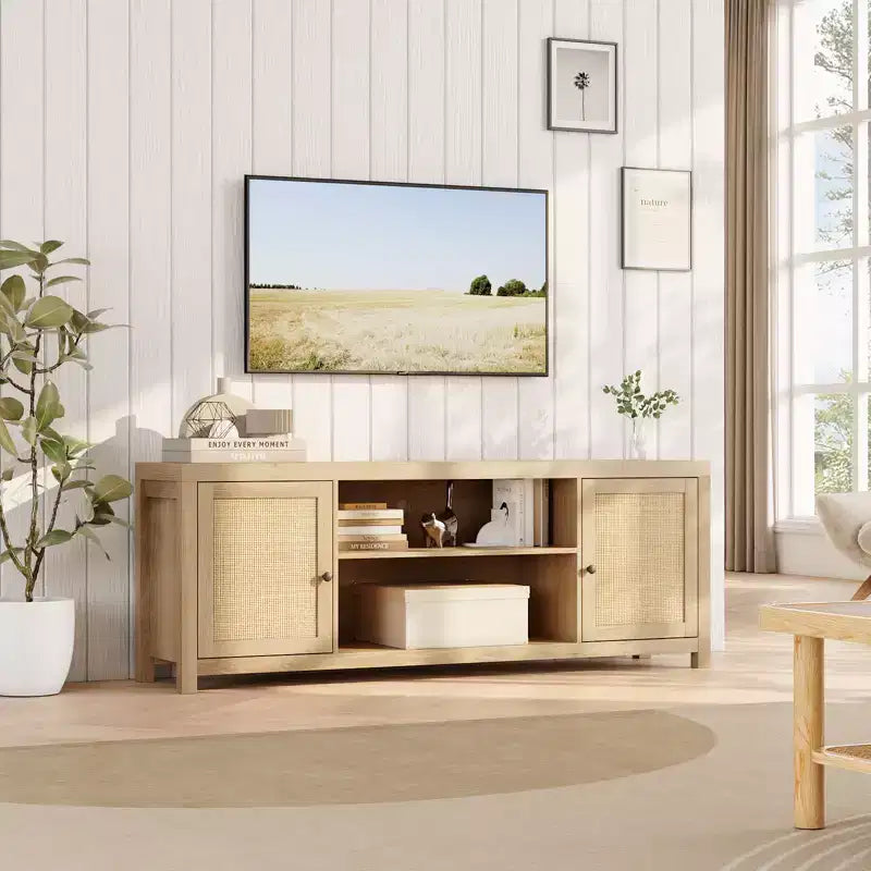 Mobile TV Boho con 2 ante in rattan per TV da 65/75", Console multimediale da 58/66", Struttura in legno