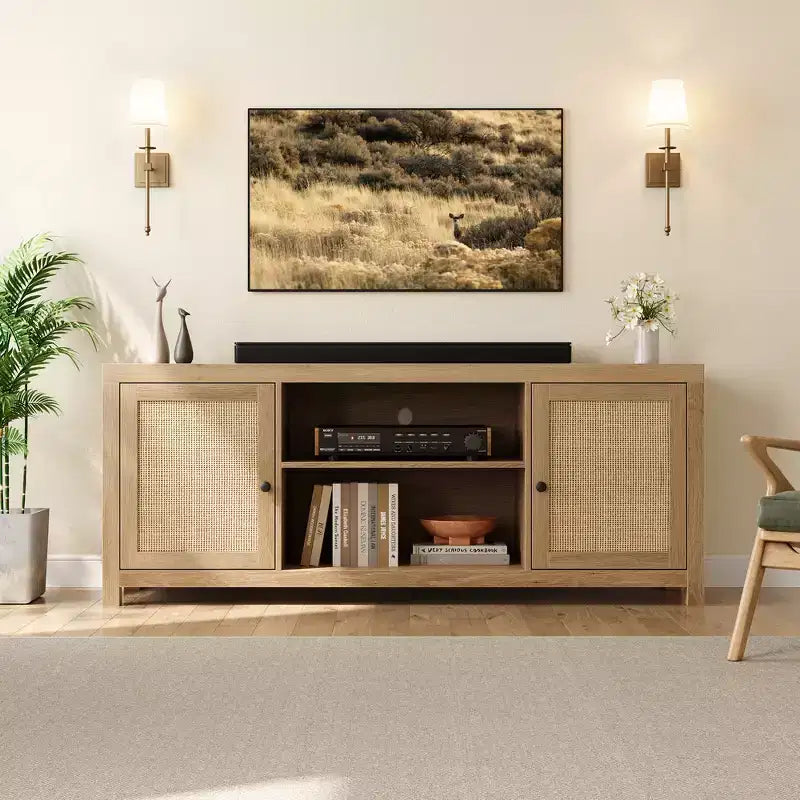Mobile TV Boho con 2 ante in rattan per TV da 65/75", Console multimediale da 58/66", Struttura in legno