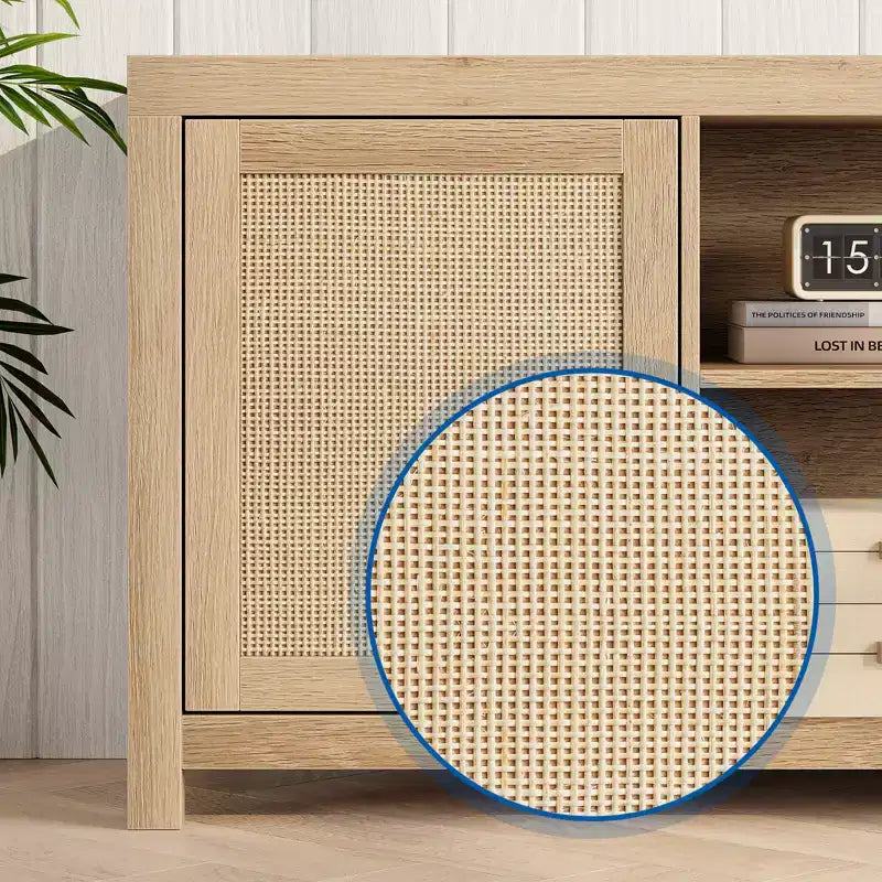 Mobile TV Boho con 2 ante in rattan per TV da 65/75", Console multimediale da 58/66", Struttura in legno