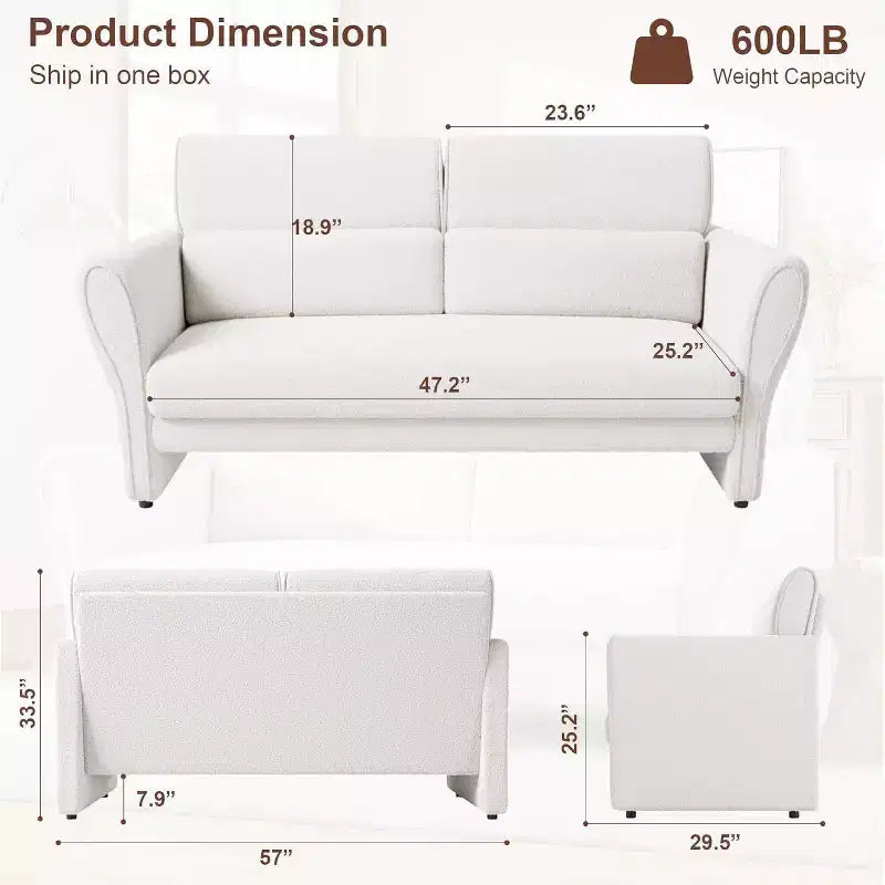 Divanetto Moderno in Bouclé a 2 Posti, Seduta Profonda, Cuscino Lombare, Gambe Affusolate, Beige
