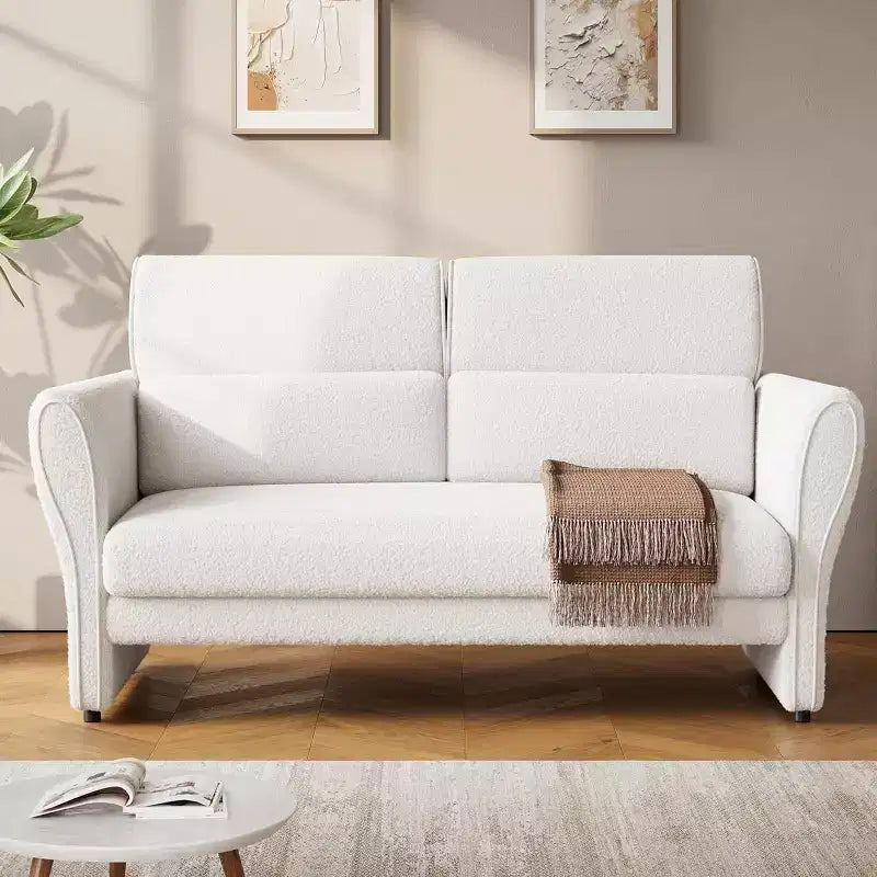Divanetto Moderno in Bouclé a 2 Posti, Seduta Profonda, Cuscino Lombare, Gambe Affusolate, Beige