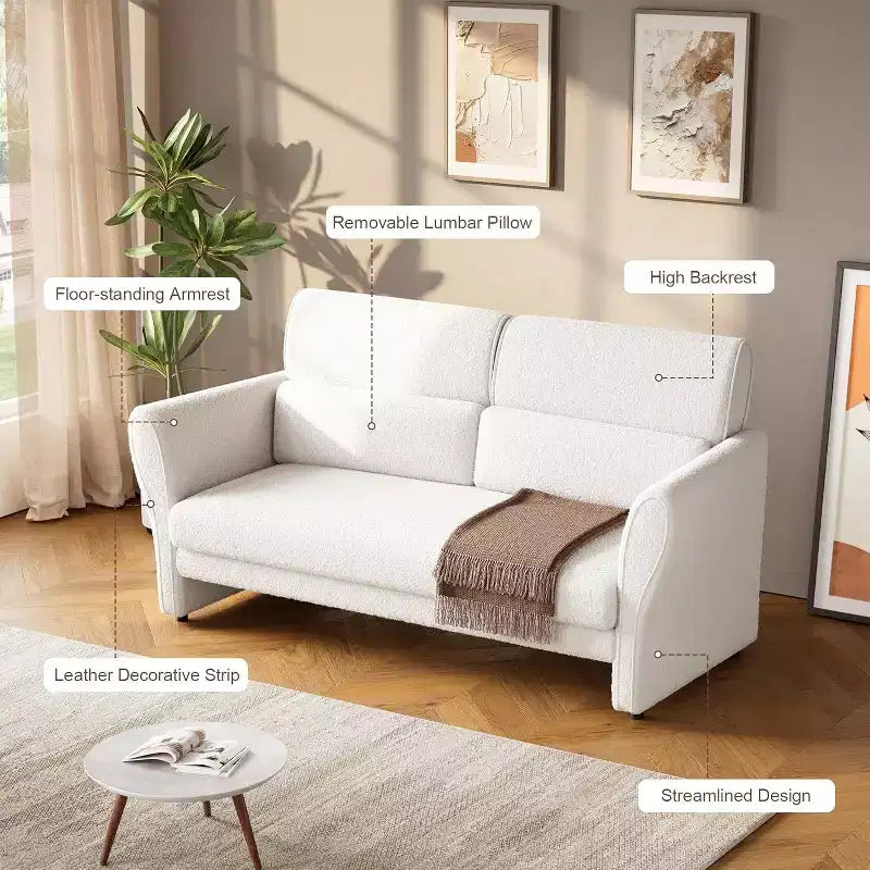 Divanetto Moderno in Bouclé a 2 Posti, Seduta Profonda, Cuscino Lombare, Gambe Affusolate, Beige