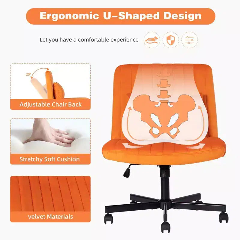 Sedia da ufficio senza braccioli regolabile, gambe incrociate, velluto/lino, girevole a 360°
