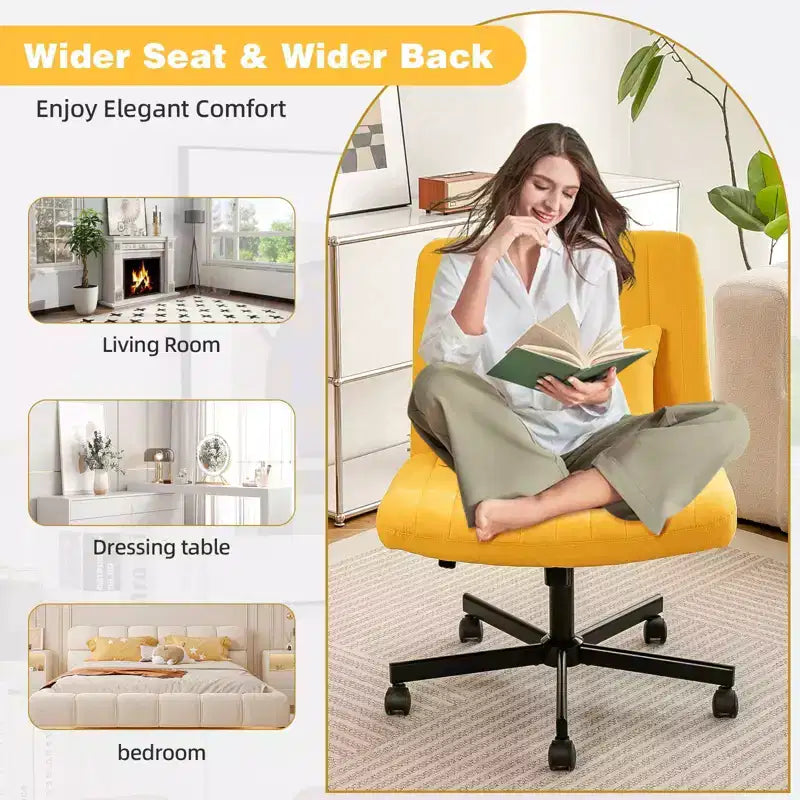 Sedia da ufficio senza braccioli regolabile, gambe incrociate, velluto/lino, girevole a 360°