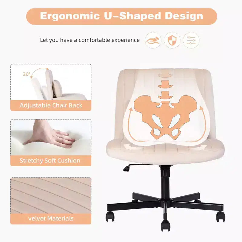Sedia da ufficio senza braccioli regolabile, gambe incrociate, velluto/lino, girevole a 360°