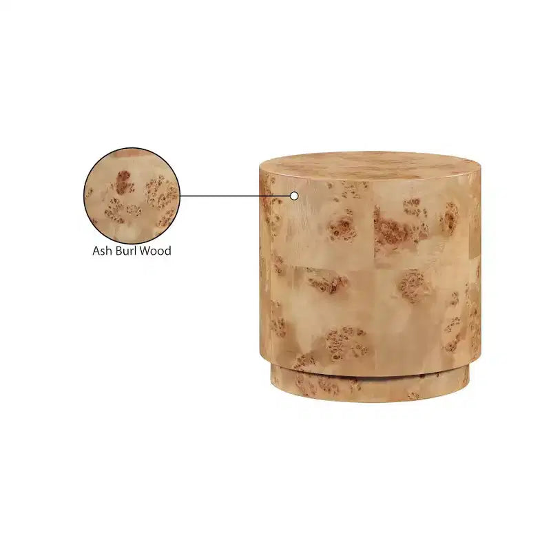 Tavolino rotondo in legno di frassino naturale Burl, design Art Déco, capacità 90 kg, 46x46x46 cm