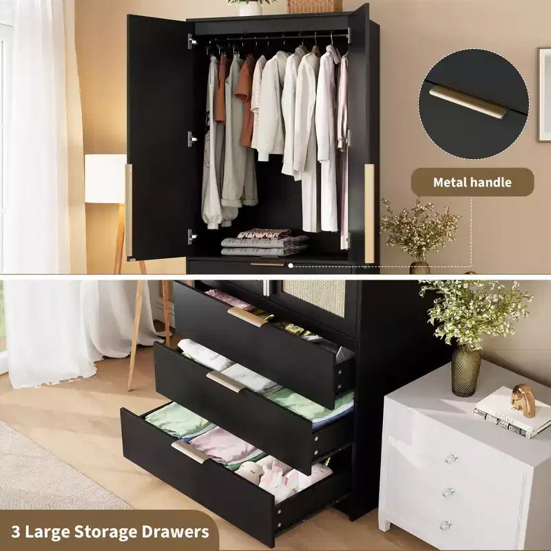 Armadio in Rattan con 3 Cassetti e 2 Ante, Asta Appendini, Armadio Alto per Camera da Letto, 176,5 cm H