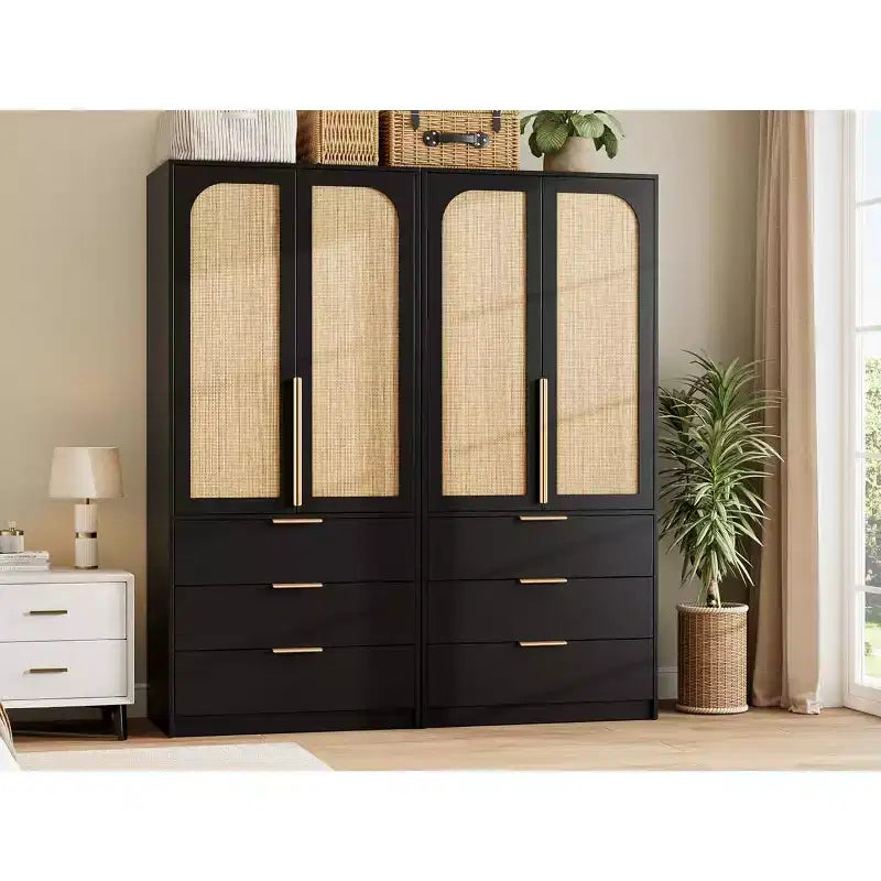 Armadio in Rattan con 3 Cassetti e 2 Ante, Asta Appendini, Armadio Alto per Camera da Letto, 176,5 cm H
