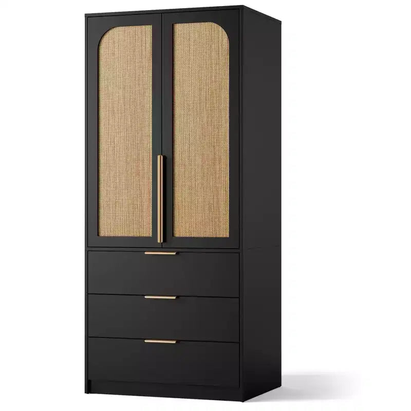 Armadio in Rattan con 3 Cassetti e 2 Ante, Asta Appendini, Armadio Alto per Camera da Letto, 176,5 cm H