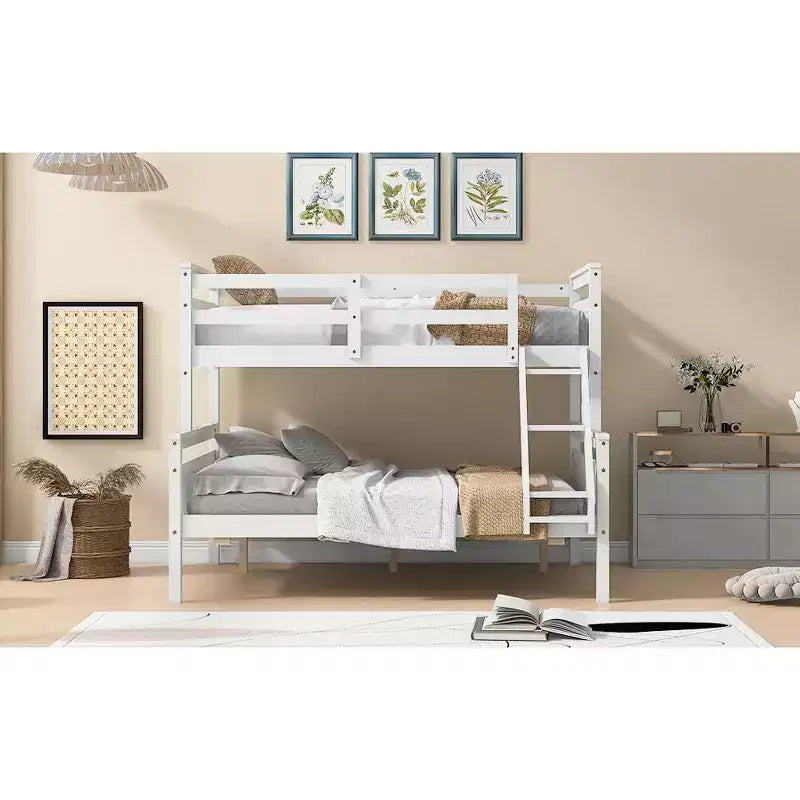 Letto a castello singolo sopra piazza e mezzo, sponda di sicurezza alta, scala larga, convertibile in 2 letti a piattaforma, legno di pino, bianco