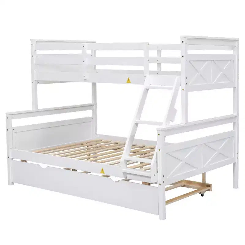 Letto a castello singolo sopra piazza e mezzo, sponda di sicurezza alta, scala larga, convertibile in 2 letti a piattaforma, legno di pino, bianco