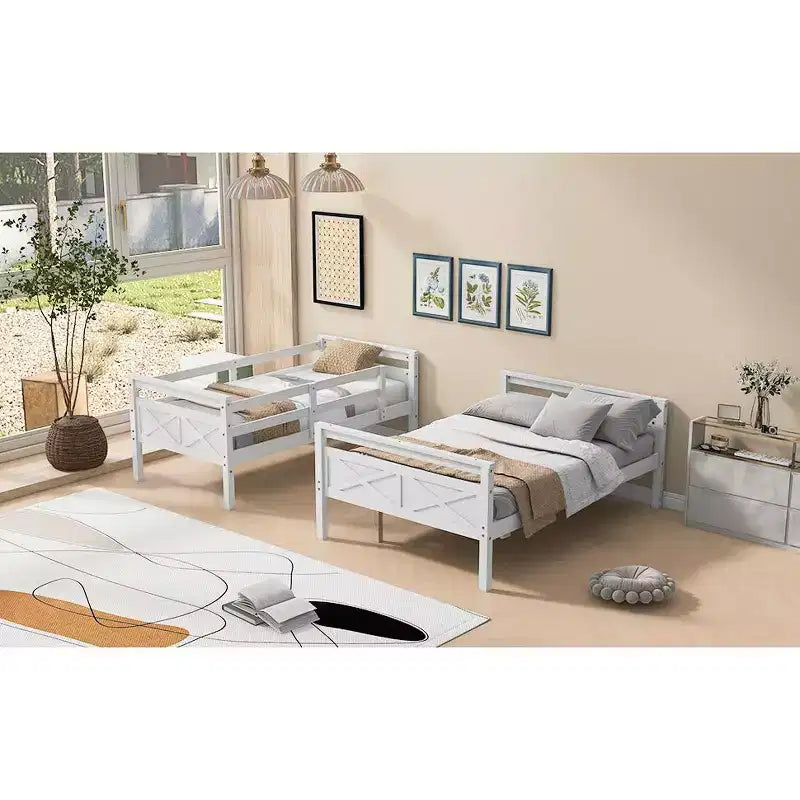Letto a castello singolo sopra piazza e mezzo, sponda di sicurezza alta, scala larga, convertibile in 2 letti a piattaforma, legno di pino, bianco