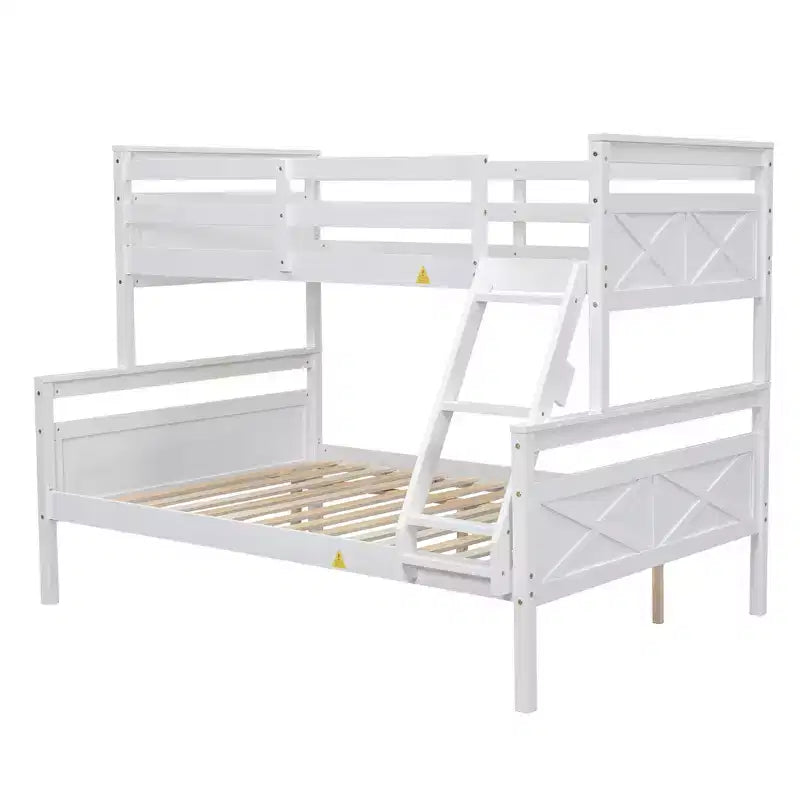 Letto a castello singolo sopra piazza e mezzo, sponda di sicurezza alta, scala larga, convertibile in 2 letti a piattaforma, legno di pino, bianco
