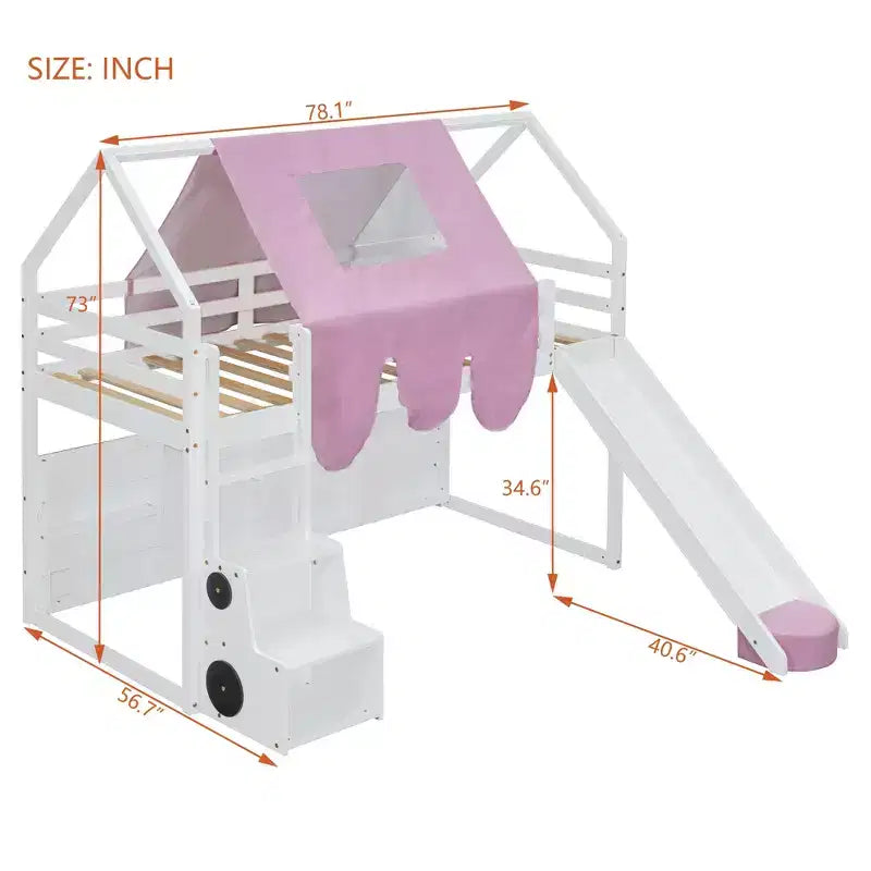 Letto a soppalco basso per bambini con scivolo e ripiani, struttura in legno a forma di casetta con tenda e scale