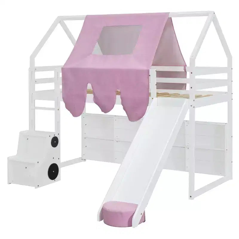 Letto a soppalco basso per bambini con scivolo e ripiani, struttura in legno a forma di casetta con tenda e scale