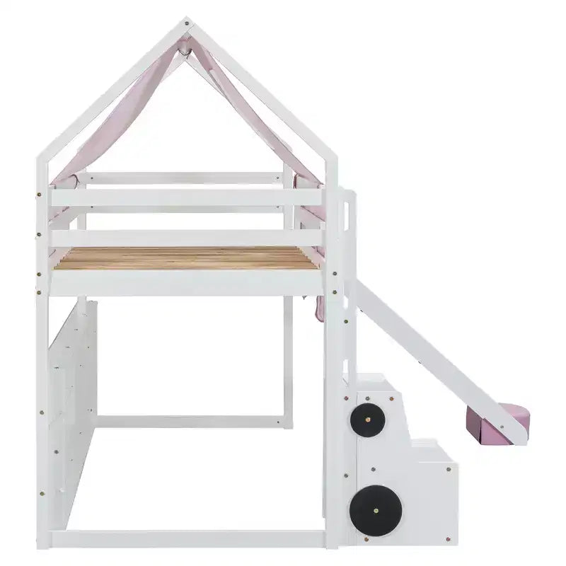 Letto a soppalco basso per bambini con scivolo e ripiani, struttura in legno a forma di casetta con tenda e scale
