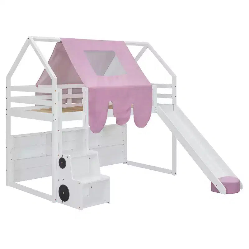 Letto a soppalco basso per bambini con scivolo e ripiani, struttura in legno a forma di casetta con tenda e scale