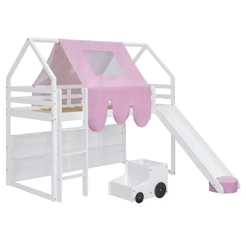 Letto a soppalco basso per bambini con scivolo e ripiani, struttura in legno a forma di casetta con tenda e scale