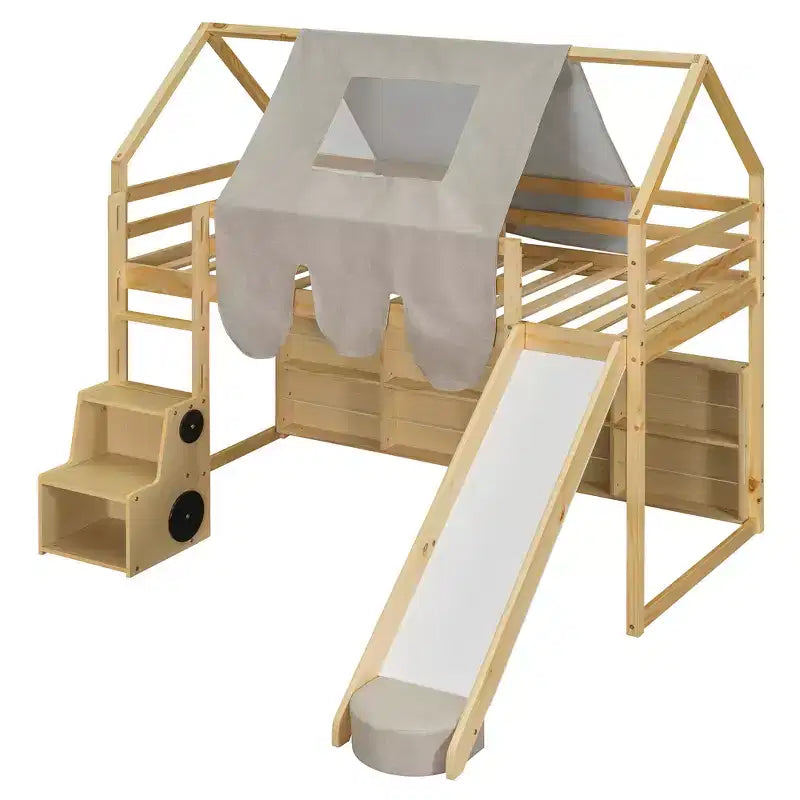 Letto a soppalco basso per bambini con scivolo e ripiani, struttura in legno a forma di casetta con tenda e scale