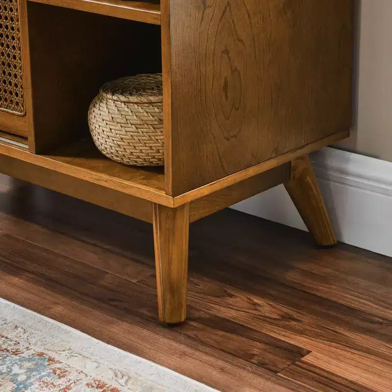 Madia/Mobile buffet in rattan Mid Century Modern, ripiano regolabile, piedini in legno massello, noce