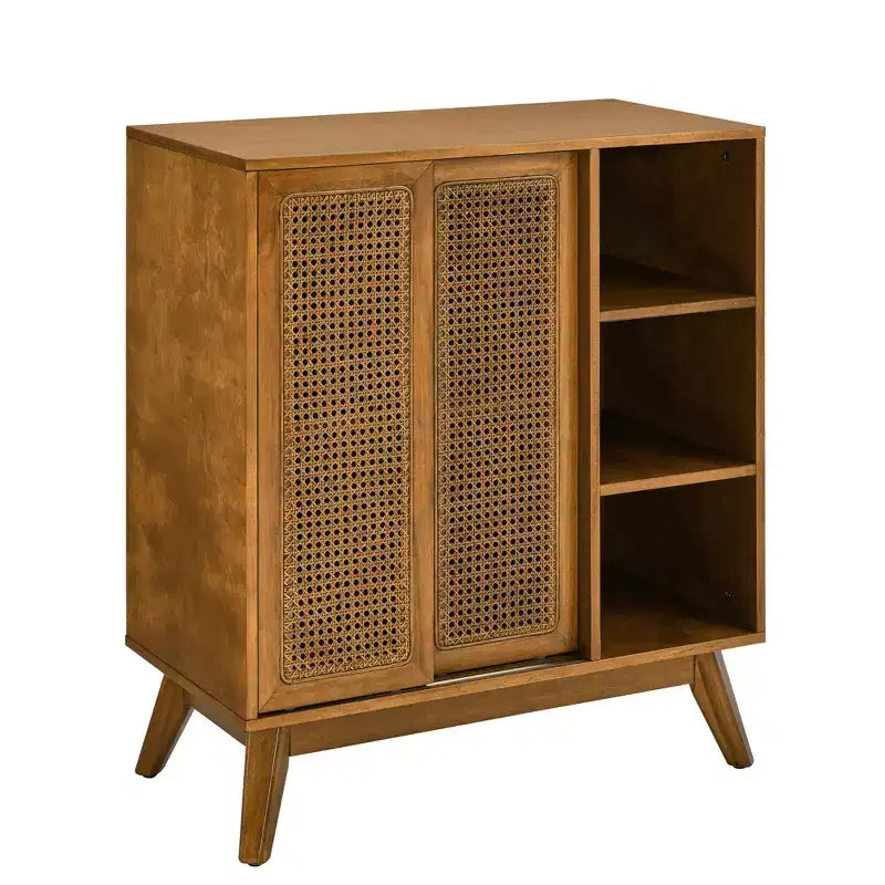 Madia/Mobile buffet in rattan Mid Century Modern, ripiano regolabile, piedini in legno massello, noce
