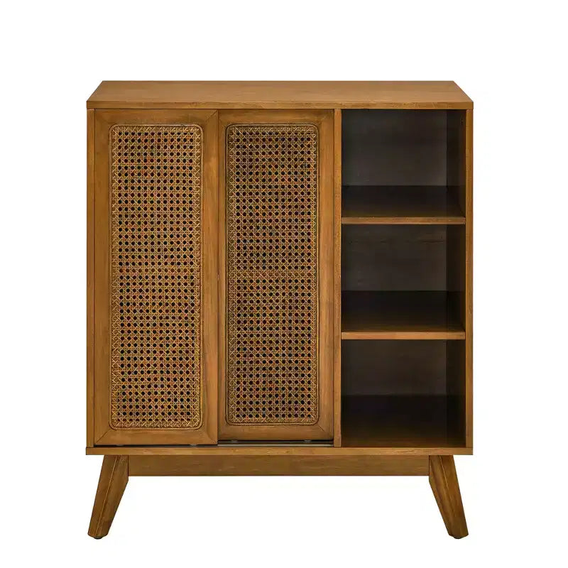 Madia/Mobile buffet in rattan Mid Century Modern, ripiano regolabile, piedini in legno massello, noce
