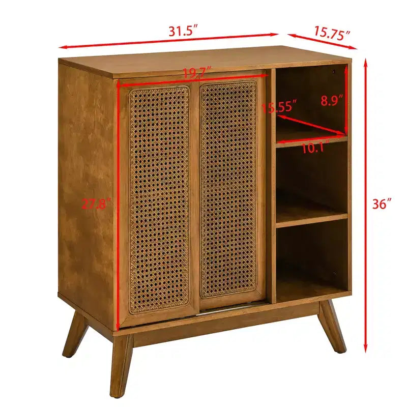 Madia/Mobile buffet in rattan Mid Century Modern, ripiano regolabile, piedini in legno massello, noce