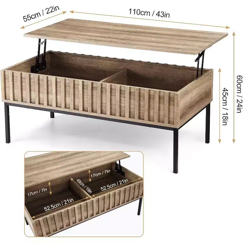 Tavolino da caffè sollevabile, contenitore nascosto, legno e ferro, 43x22x18-24 pollici, marrone