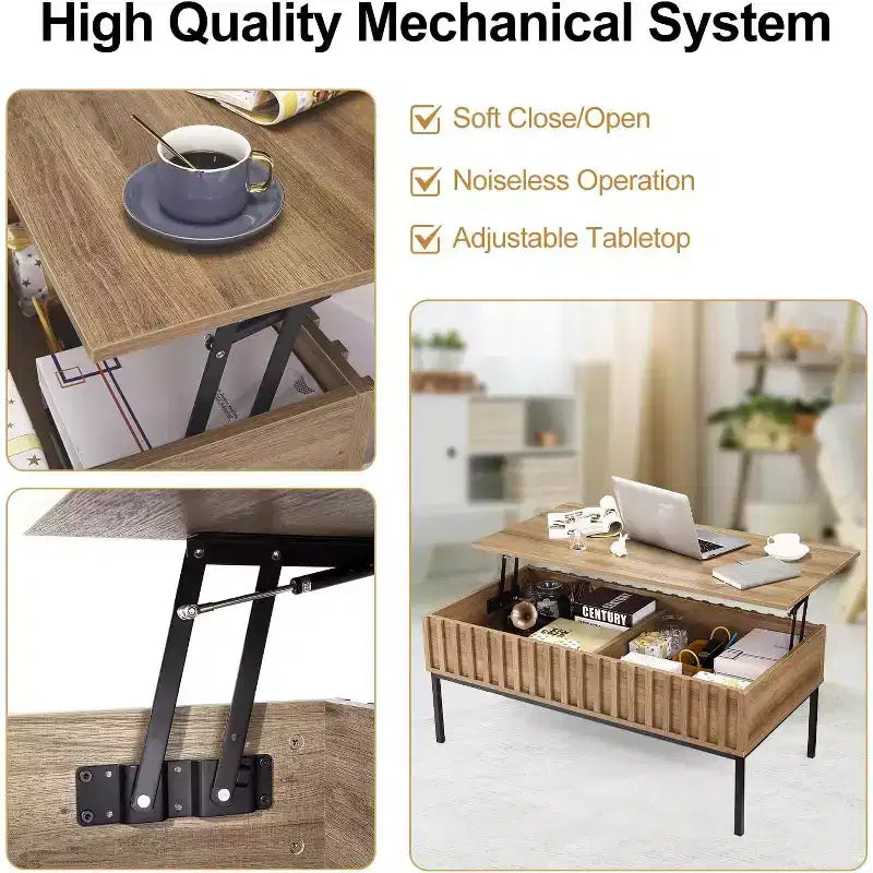 Tavolino da caffè sollevabile, contenitore nascosto, legno e ferro, 43x22x18-24 pollici, marrone