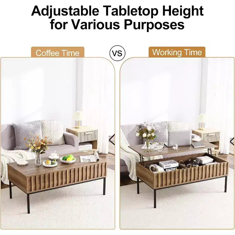 Tavolino da caffè sollevabile, contenitore nascosto, legno e ferro, 43x22x18-24 pollici, marrone