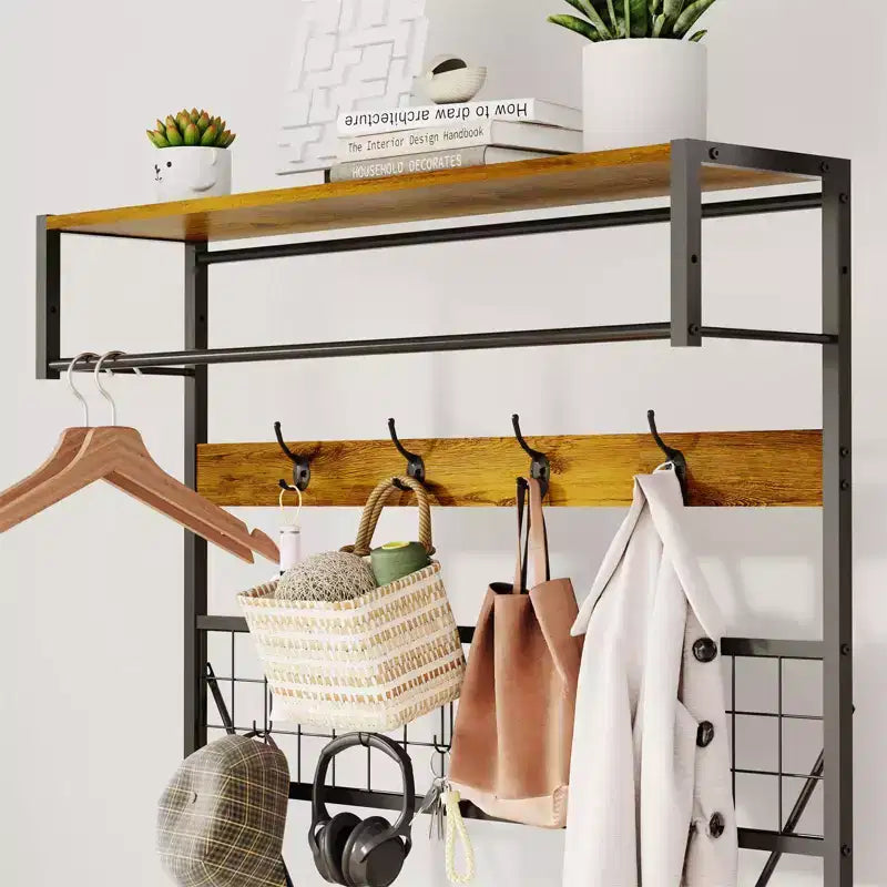 Mobile ingresso 5-in-1, Scarpiera e Appendiabiti con Panca e Ganci, 184 cm, per Ingresso, Corridoio, Camera da letto