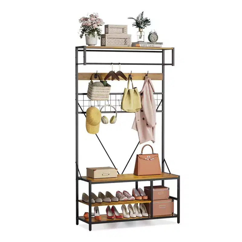 Mobile ingresso 5-in-1, Scarpiera e Appendiabiti con Panca e Ganci, 184 cm, per Ingresso, Corridoio, Camera da letto