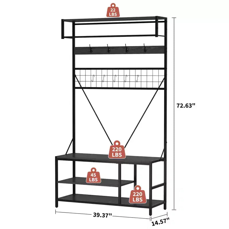 Mobile ingresso 5-in-1, Scarpiera e Appendiabiti con Panca e Ganci, 184 cm, per Ingresso, Corridoio, Camera da letto