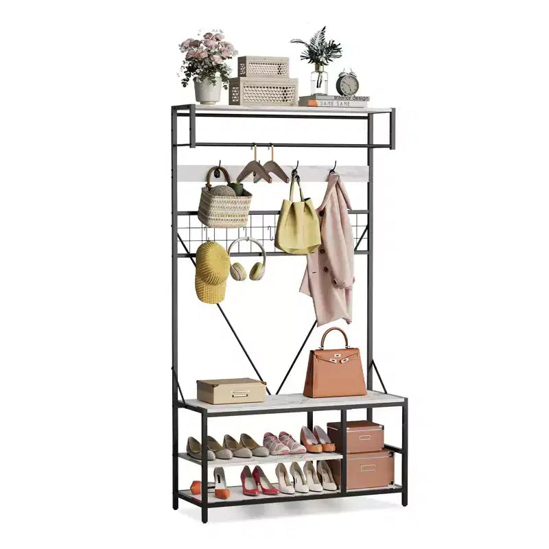 Mobile ingresso 5-in-1, Scarpiera e Appendiabiti con Panca e Ganci, 184 cm, per Ingresso, Corridoio, Camera da letto