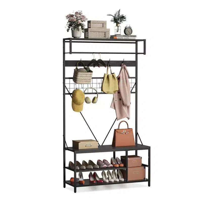 Mobile ingresso 5-in-1, Scarpiera e Appendiabiti con Panca e Ganci, 184 cm, per Ingresso, Corridoio, Camera da letto