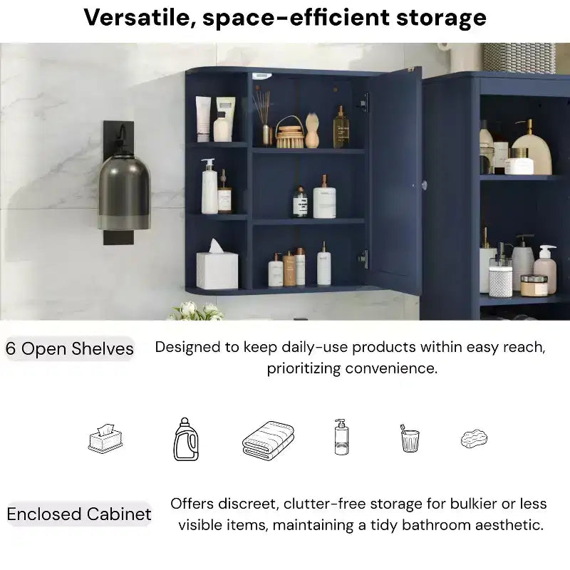 Pensile per bagno con specchio, 8 ripiani, legno, 26x6,5x24,75 pollici, capacità 45 libbre