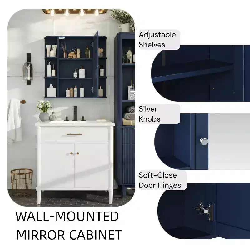 Pensile per bagno con specchio, 8 ripiani, legno, 26x6,5x24,75 pollici, capacità 45 libbre