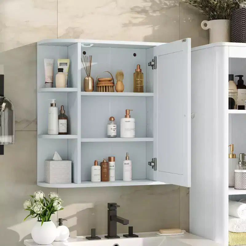 Pensile per bagno con specchio, 8 ripiani, legno, 26x6,5x24,75 pollici, capacità 45 libbre