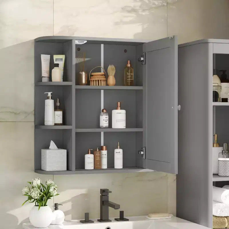 Pensile per bagno con specchio, 8 ripiani, legno, 26x6,5x24,75 pollici, capacità 45 libbre