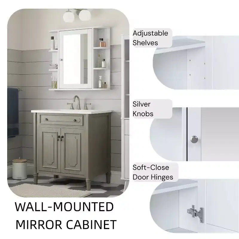 Pensile per bagno con specchio, 8 ripiani, legno, 26x6,5x24,75 pollici, capacità 45 libbre